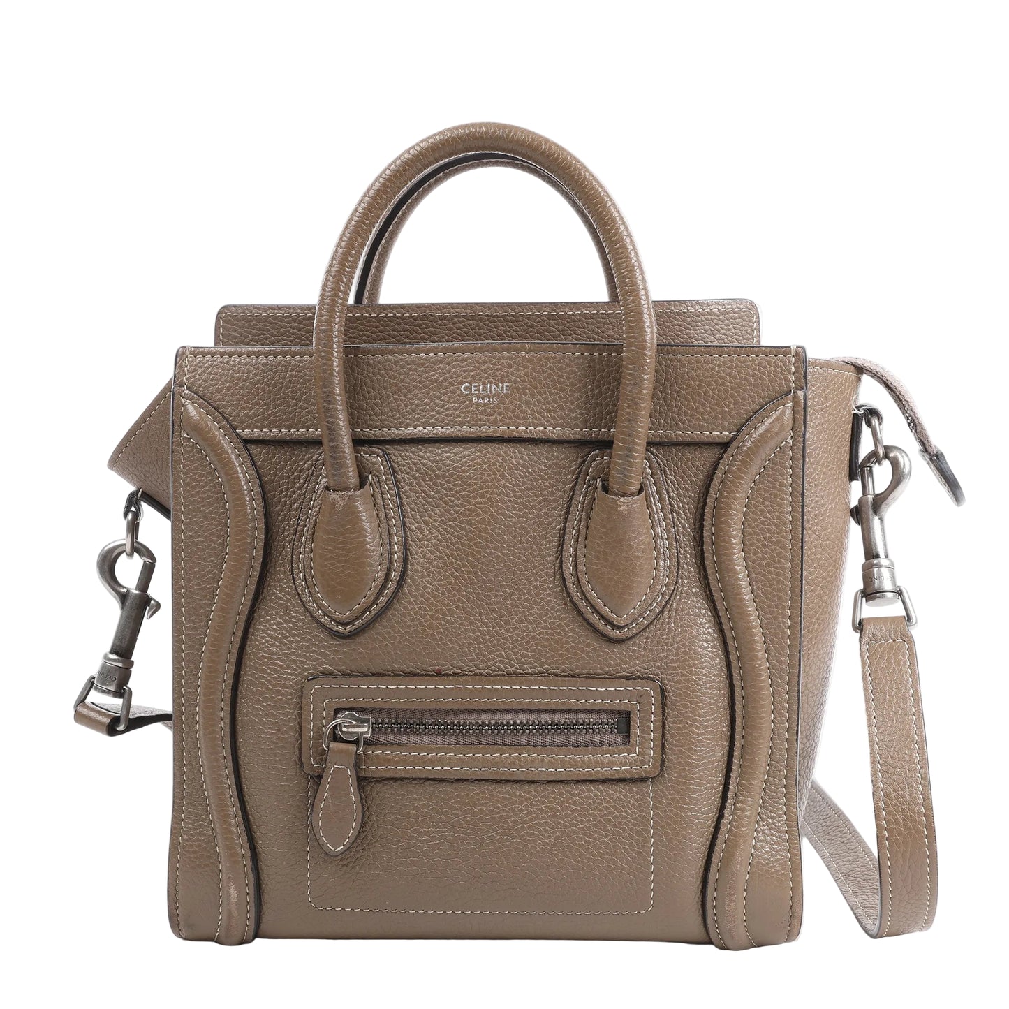 Front view of the CELINE Nano Luggage Leather 2Way Handbag in greige, showing its structured silhouette, dual top handles, front zip pocket, white contrast stitching, and detachable shoulder strap, photographed against a white background.