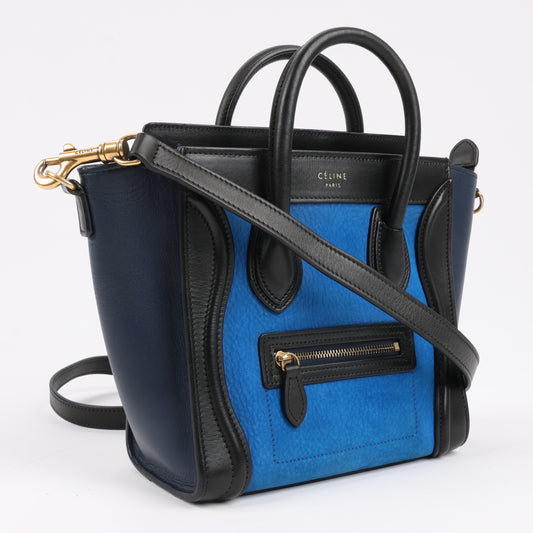 Sac à main CELINE Nano Luggage en cuir tricolore bidirectionnel, bleu et noir