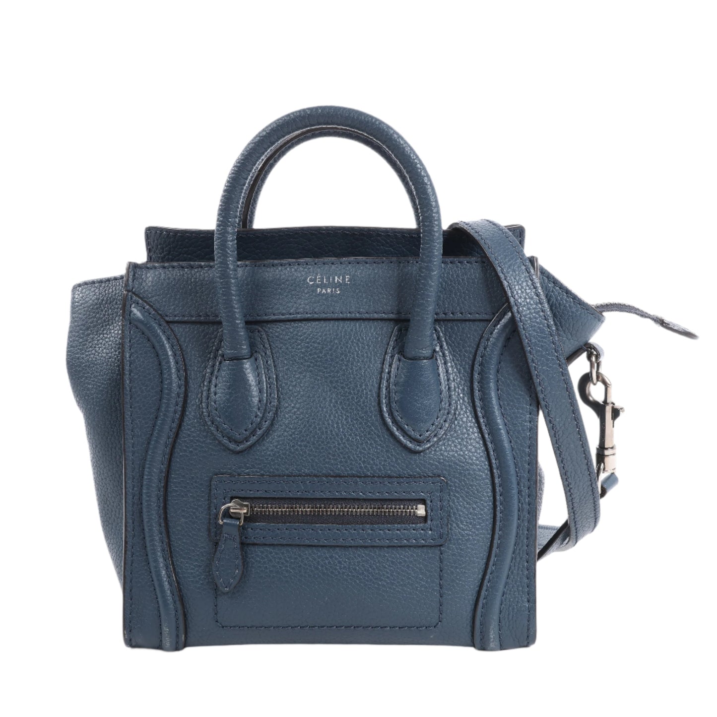 Blue handbag with a visible brand logo on a white background