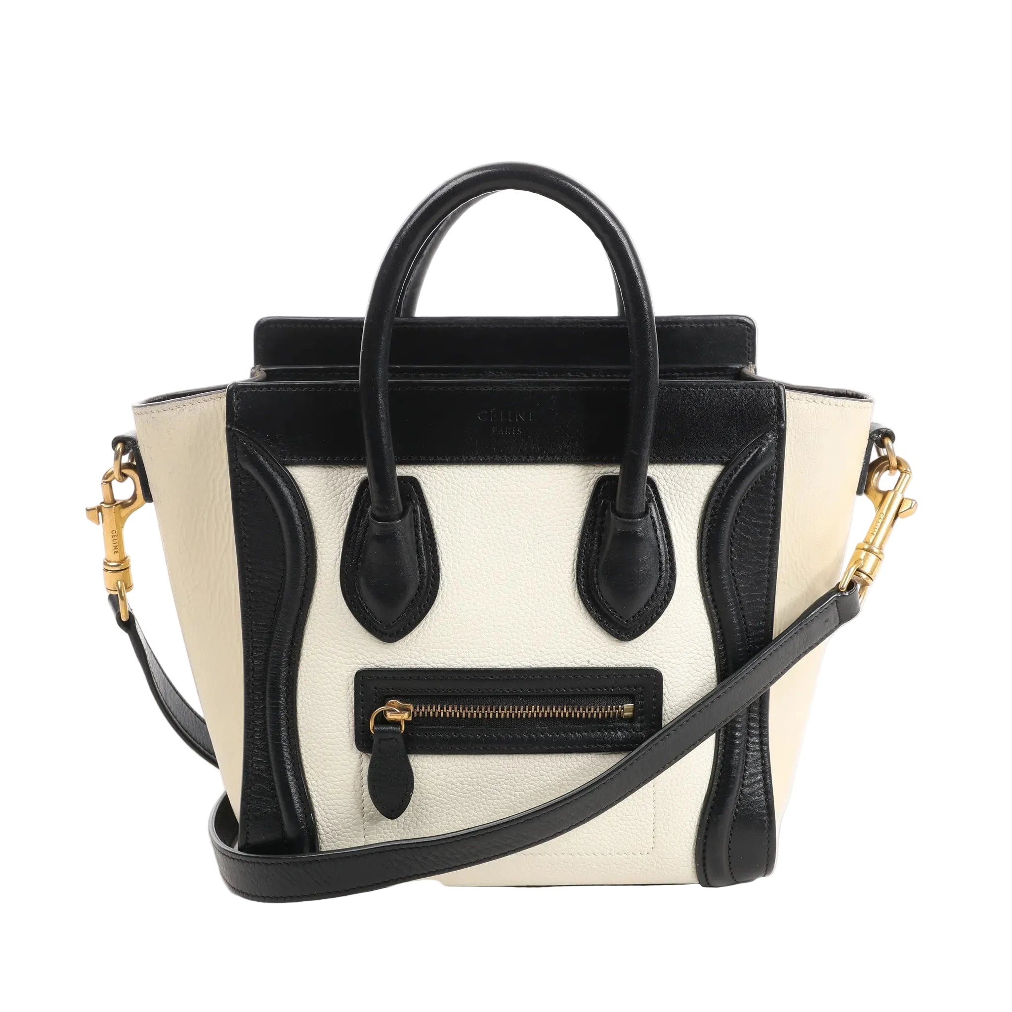 CELINE Nano Luggage 2Way handbag in black and white grained leather with top handles, front zip pocket, and detachable shoulder strap.