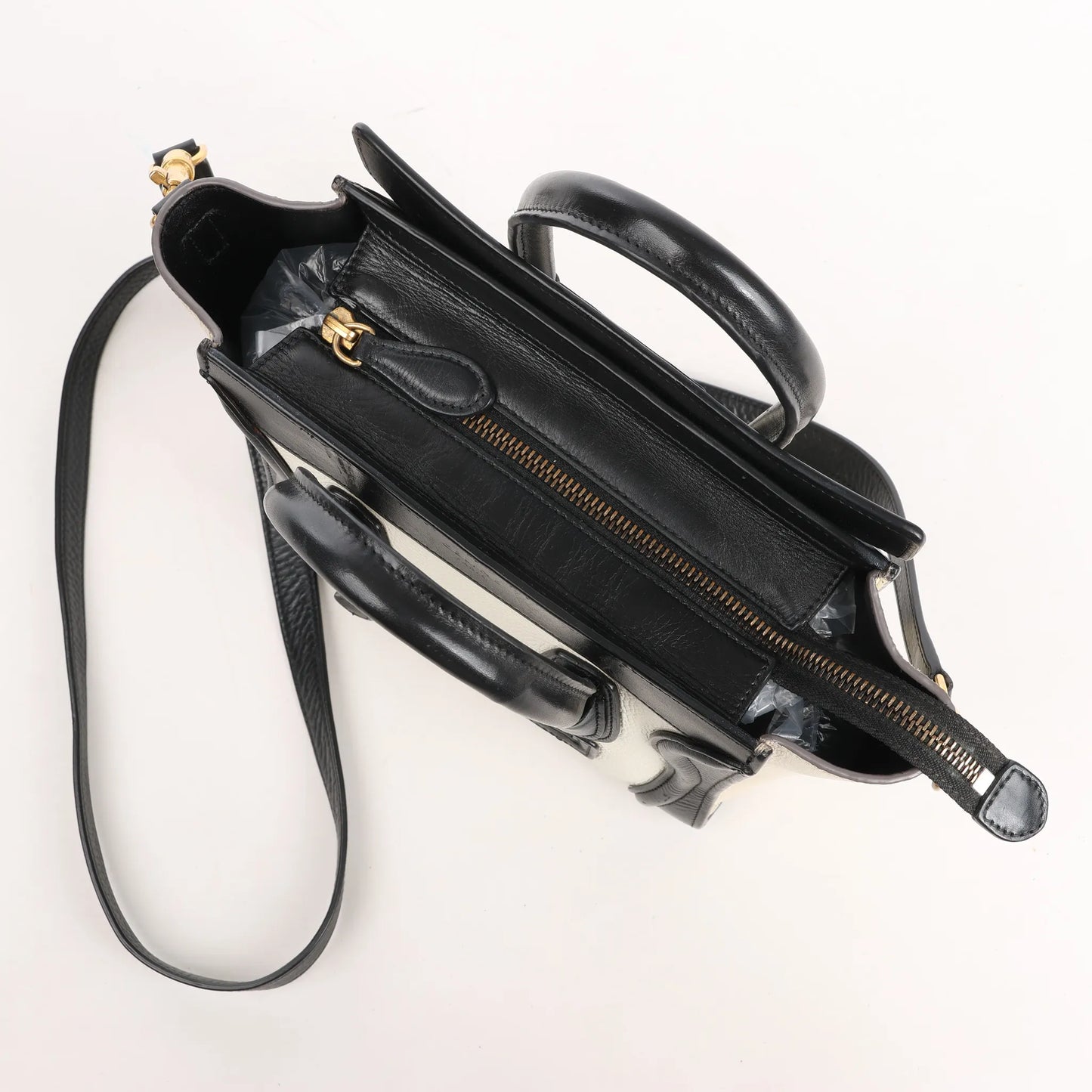 CELINE Nano Luggage Leather 2Way Handbag in Black x White