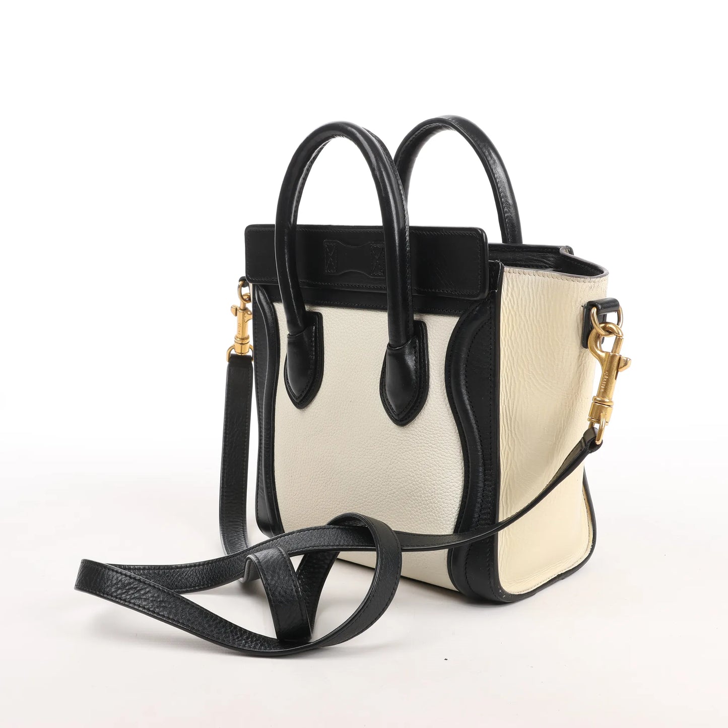 CELINE Nano Luggage Leather 2Way Handbag in Black x White