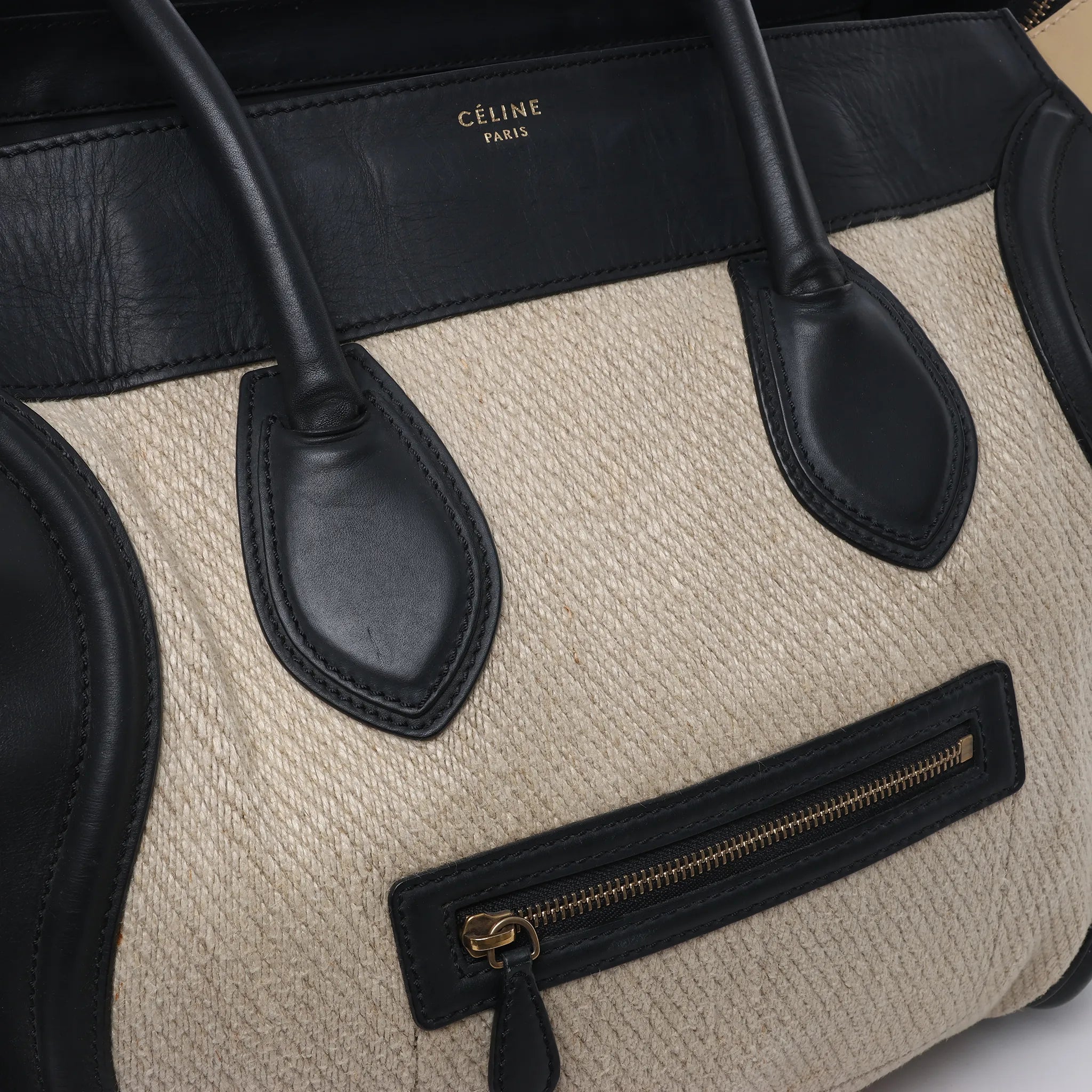 Celine Luggage Large Canvas & Leather Handbag in Beige x Black