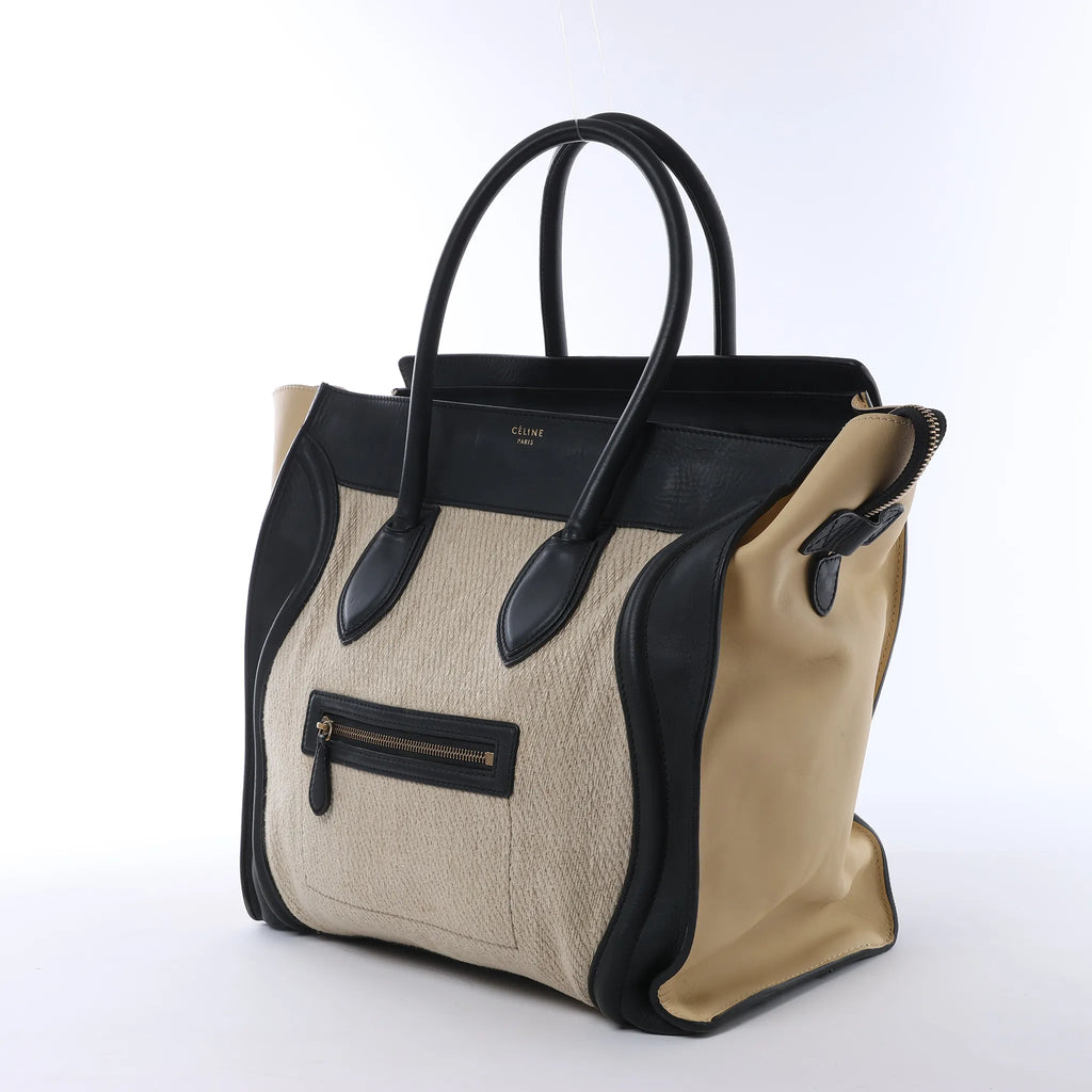 Celine Luggage Large Canvas & Leather Handbag in Beige x Black