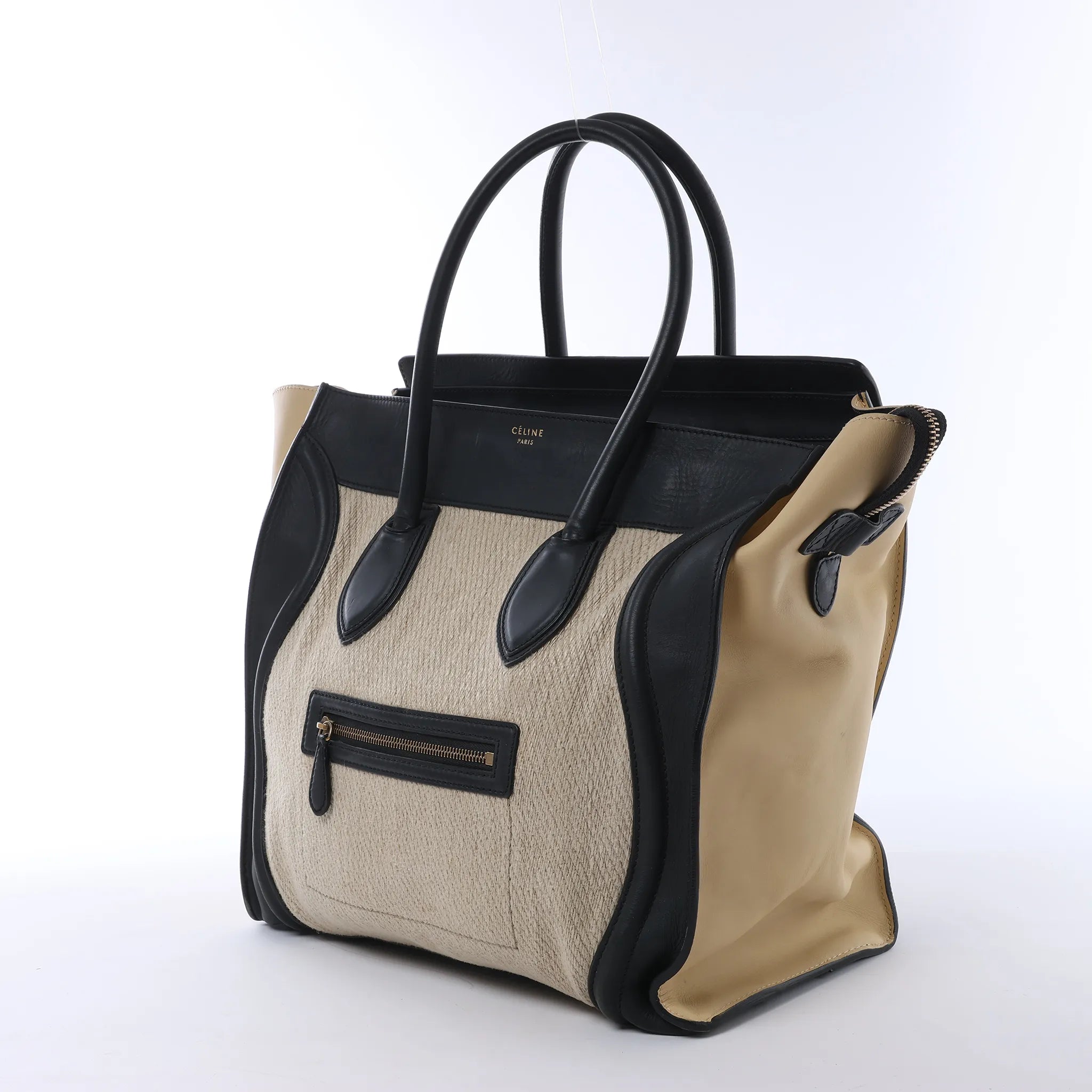 Celine Luggage Large Canvas & Leather Handbag in Beige x Black