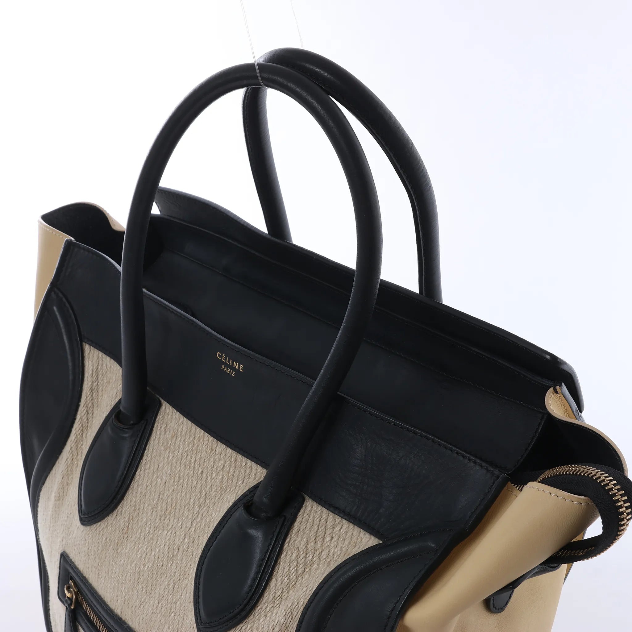 Celine Luggage Large Canvas & Leather Handbag in Beige x Black