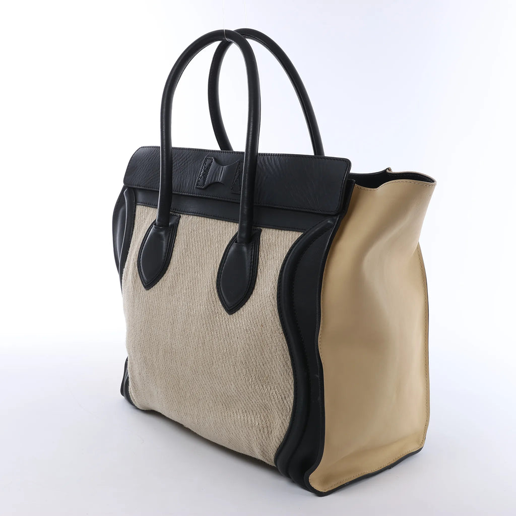 Celine Luggage Large Canvas & Leather Handbag in Beige x Black