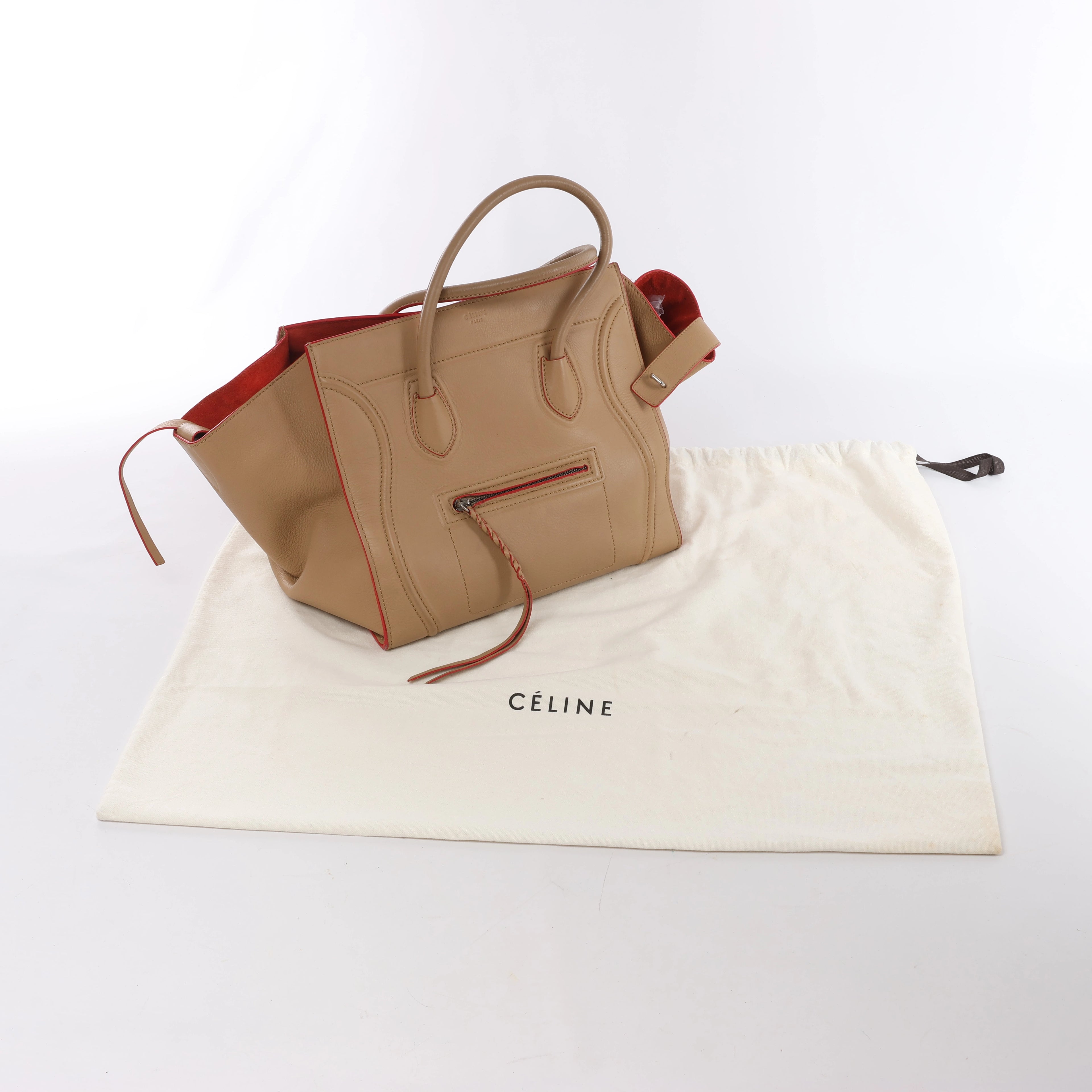 Celine Luggage Phantom Leather Handbag in Beige x Red