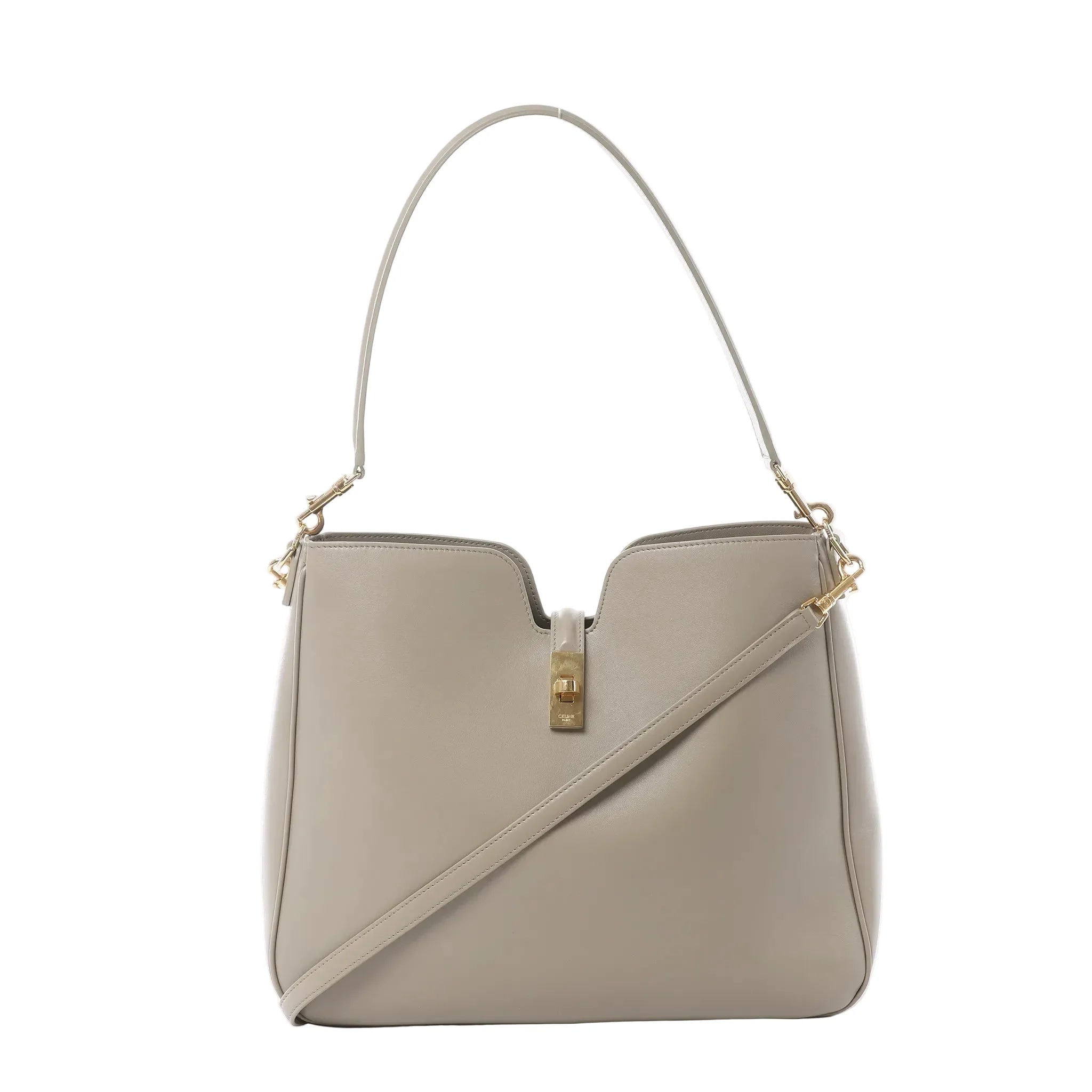 Celine Camille 16 Medium shoulder bag in beige leather with gold-tone turn-lock closure, top handle, detachable crossbody strap, and structured silhouette on white background.