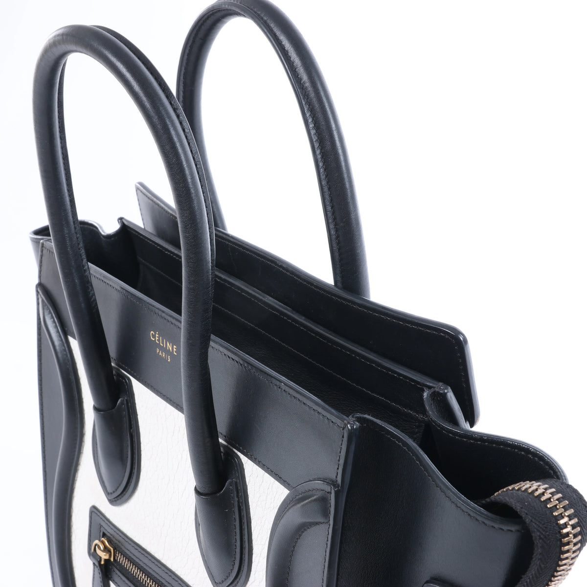 Celine Luggage Micro Leather Handbag in Black x White