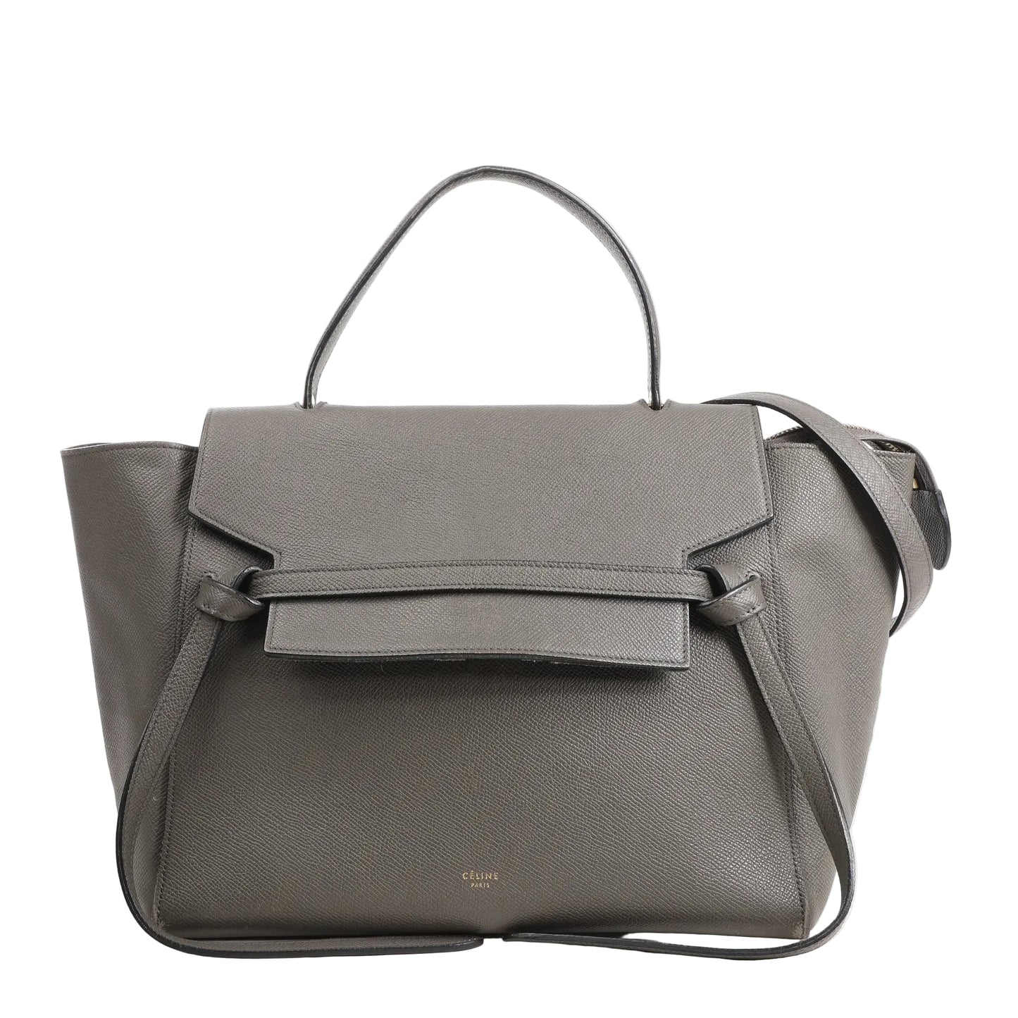 Celine Belt Bag Mini in gray leather with top handle, flap closure, and detachable shoulder strap.