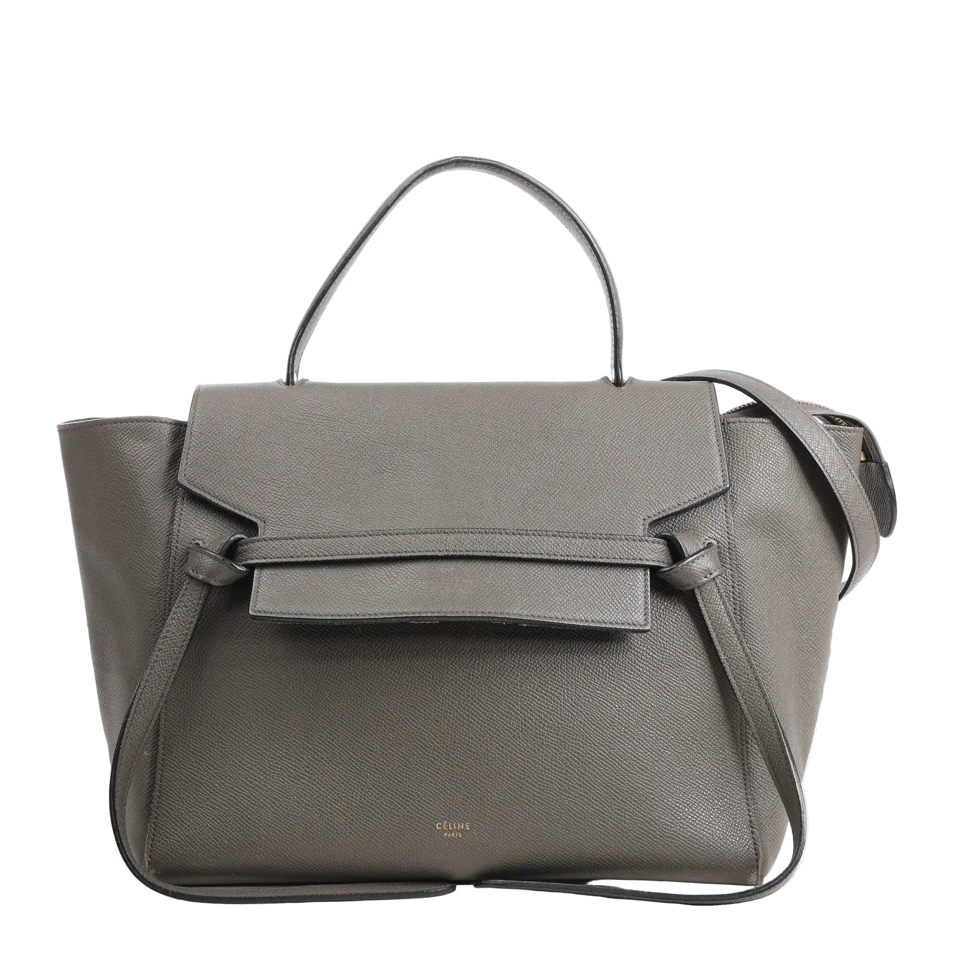 Celine Belt Bag Mini in gray leather with top handle, flap closure, and detachable shoulder strap.