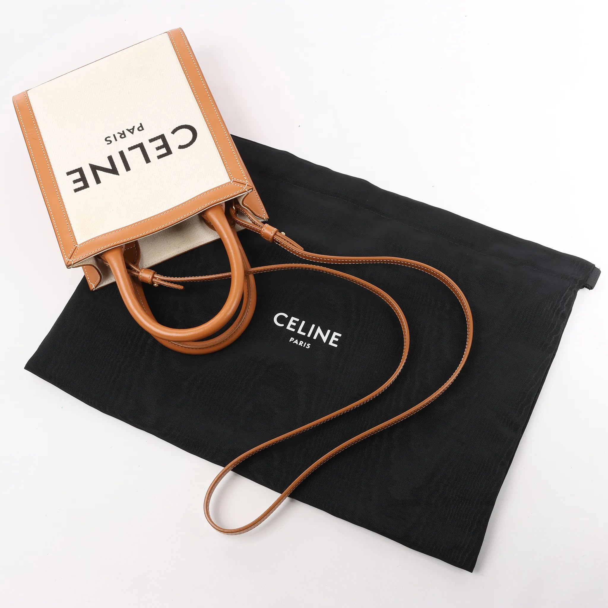 Celine Vertical  Mini Hippopotamus Canvas x Leather 2Way Handbag Beige x Brown