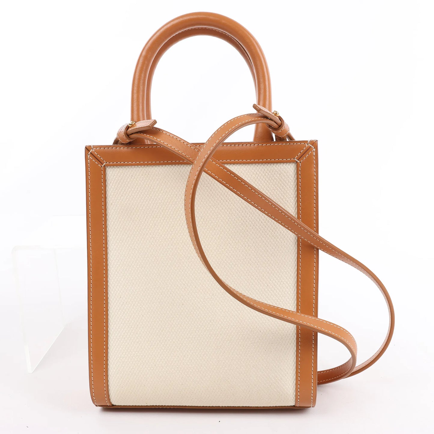 Celine Vertical  Mini Hippopotamus Canvas x Leather 2Way Handbag Beige x Brown