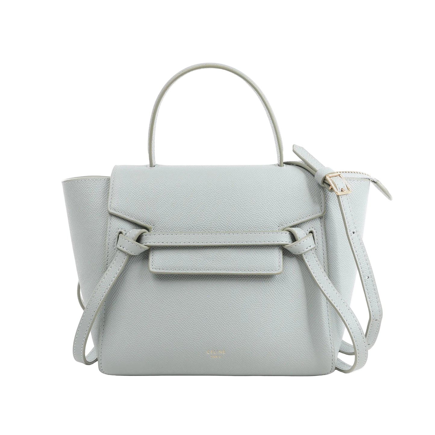 Celine Belt Bag Nano handbag in blue grained leather with belted flap front, top handle, detachable shoulder strap, and structured silhouette against a white background.