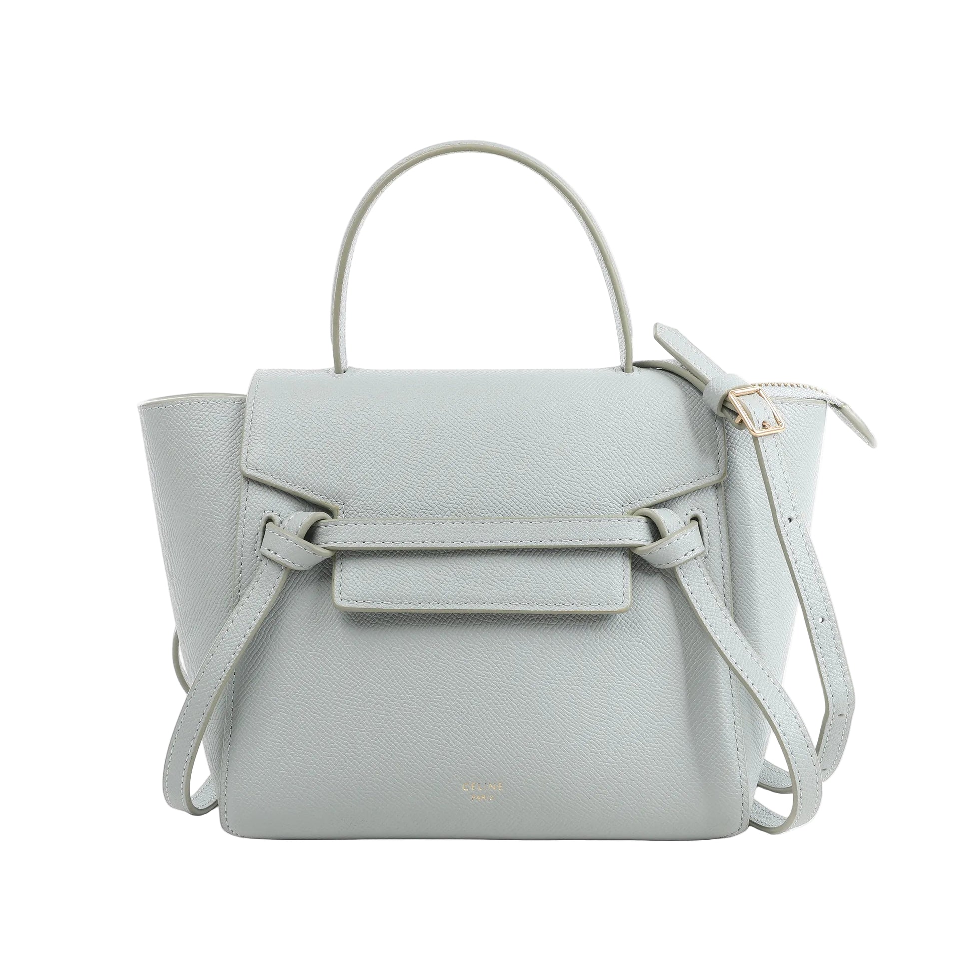Celine Belt Bag Nano handbag in blue grained leather with belted flap front, top handle, detachable shoulder strap, and structured silhouette against a white background.