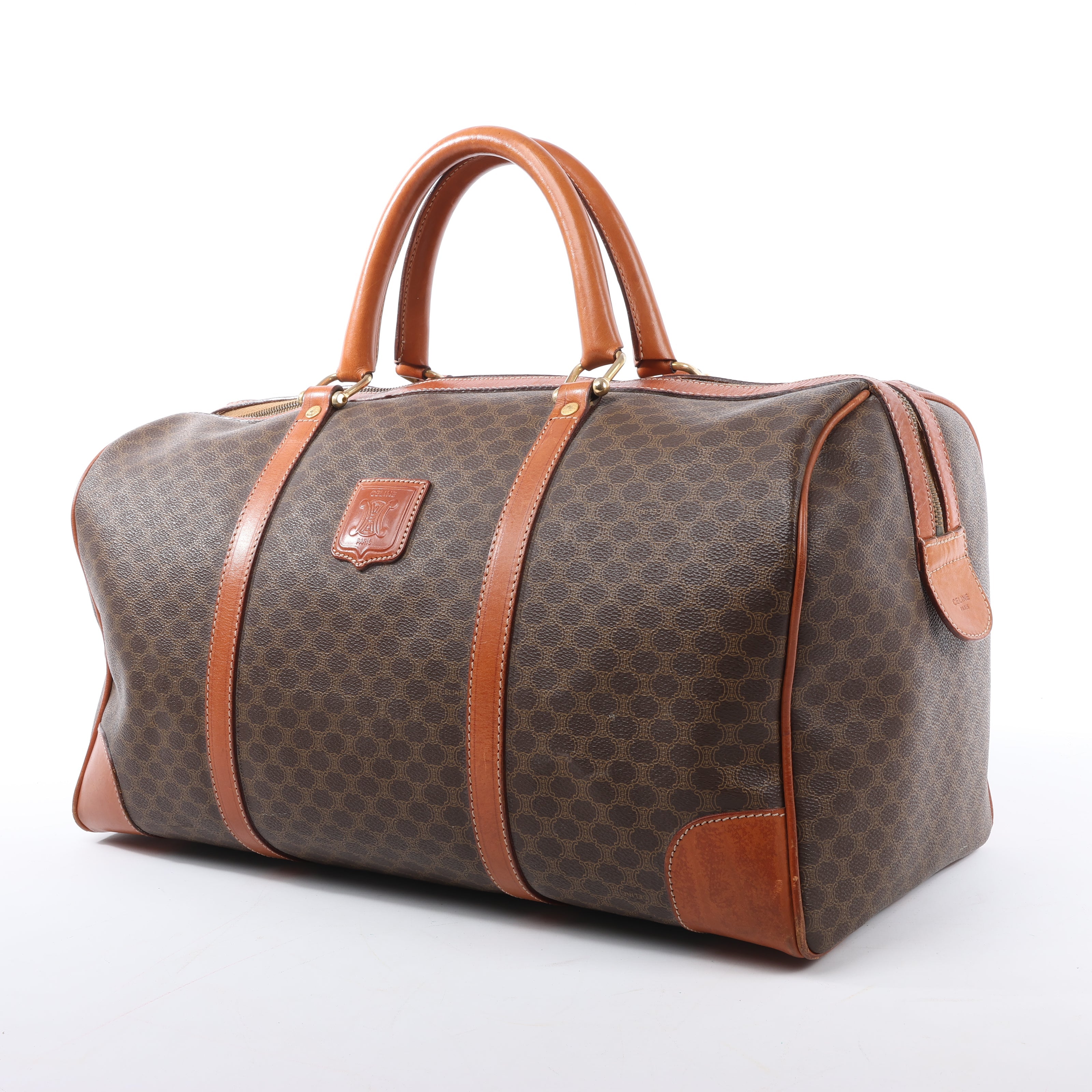 Celine Macadam Boston PVC & Leather Travel Bag in Brown