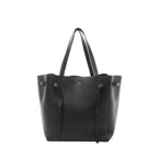 Black Celine Cabas Phantom Small leather shoulder tote with two long top handles, open-top silhouette, and front panel with knotted leather tie details, shown on a white background.