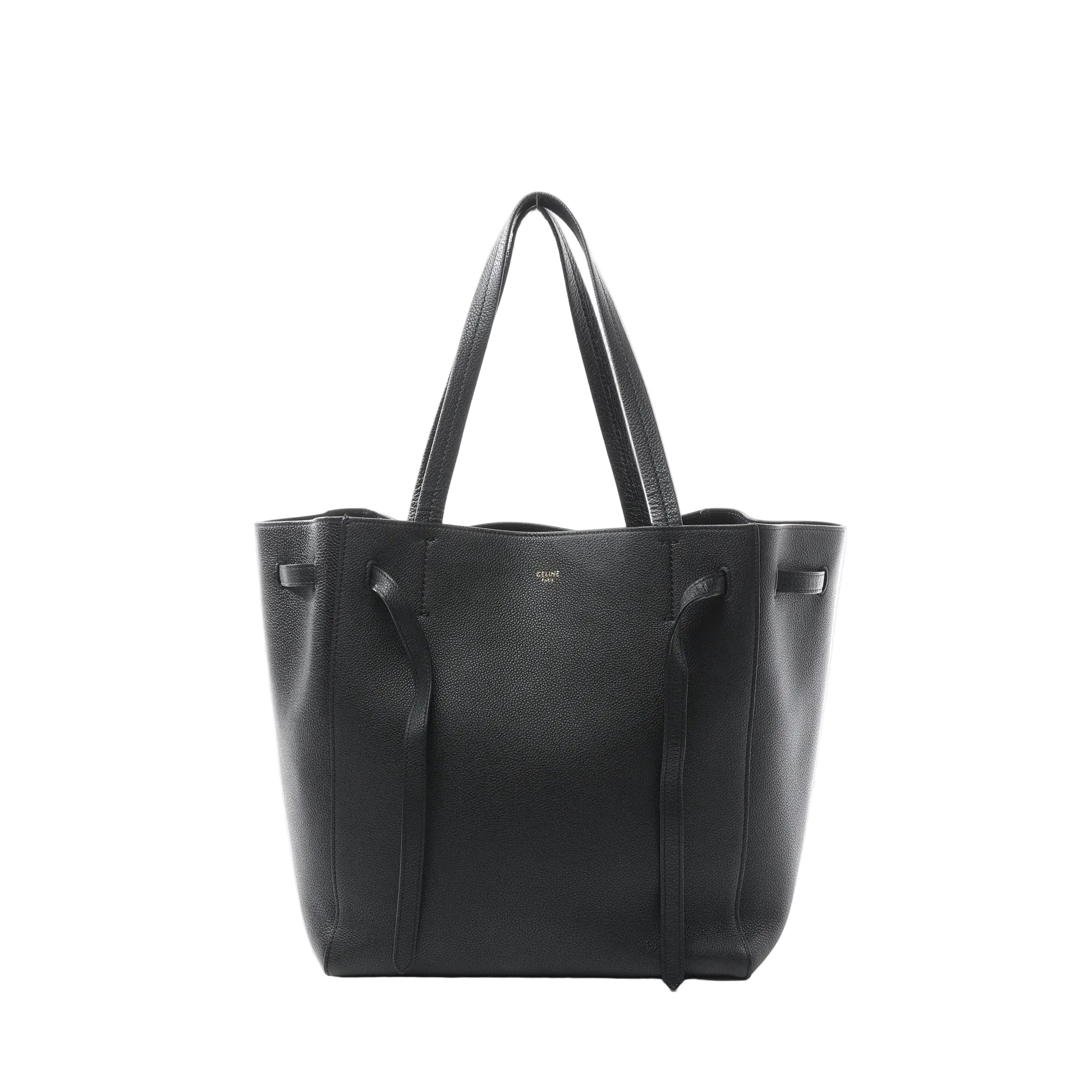 Black Celine Cabas Phantom Small leather shoulder tote with two long top handles, open-top silhouette, and front panel with knotted leather tie details, shown on a white background.