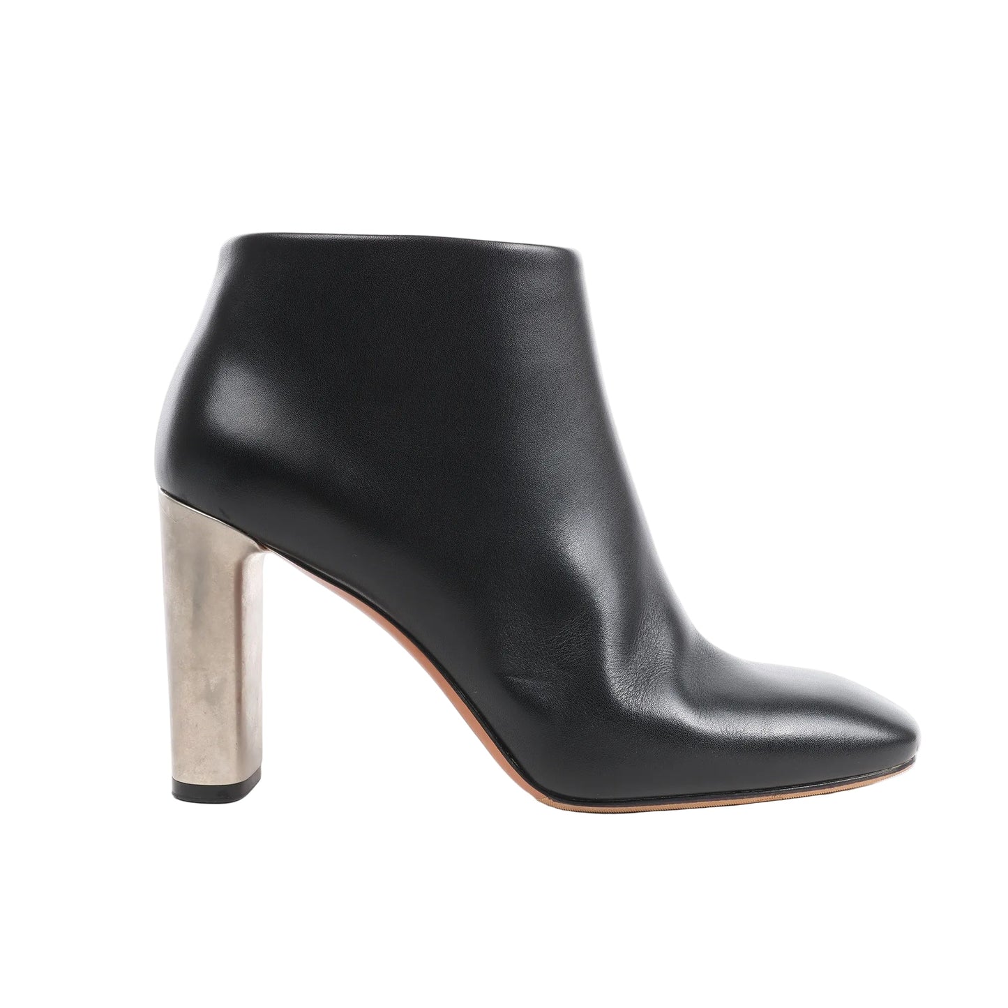 Side view of a black Celine Phoebe ankle boot in size 38 EU, showcasing smooth leather construction, a clean rounded toe, and a distinctive silver-toned block heel on a white background.