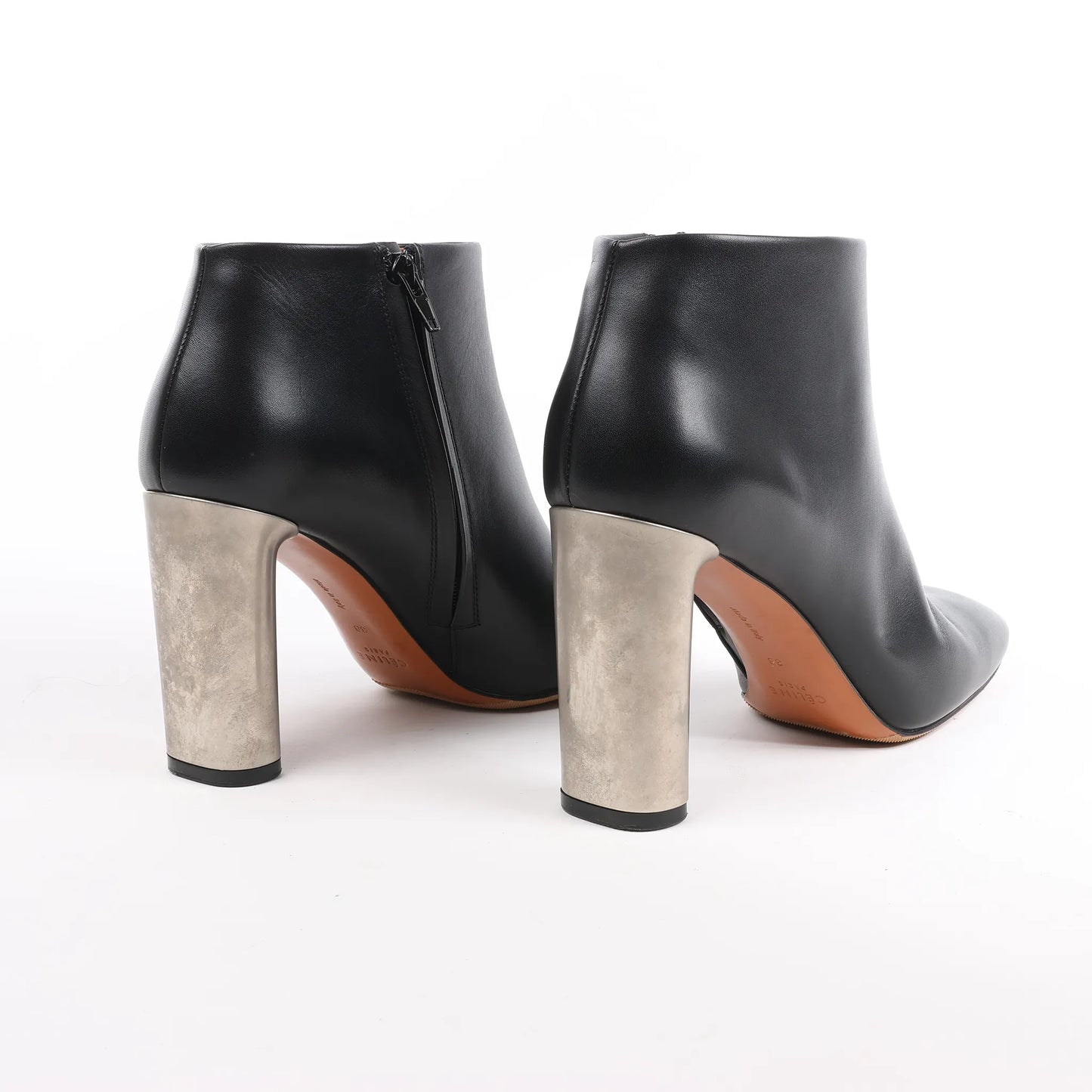 Celine Phoebe Leather x Metal Heel Ankle Boots in Black, Size 38 EU