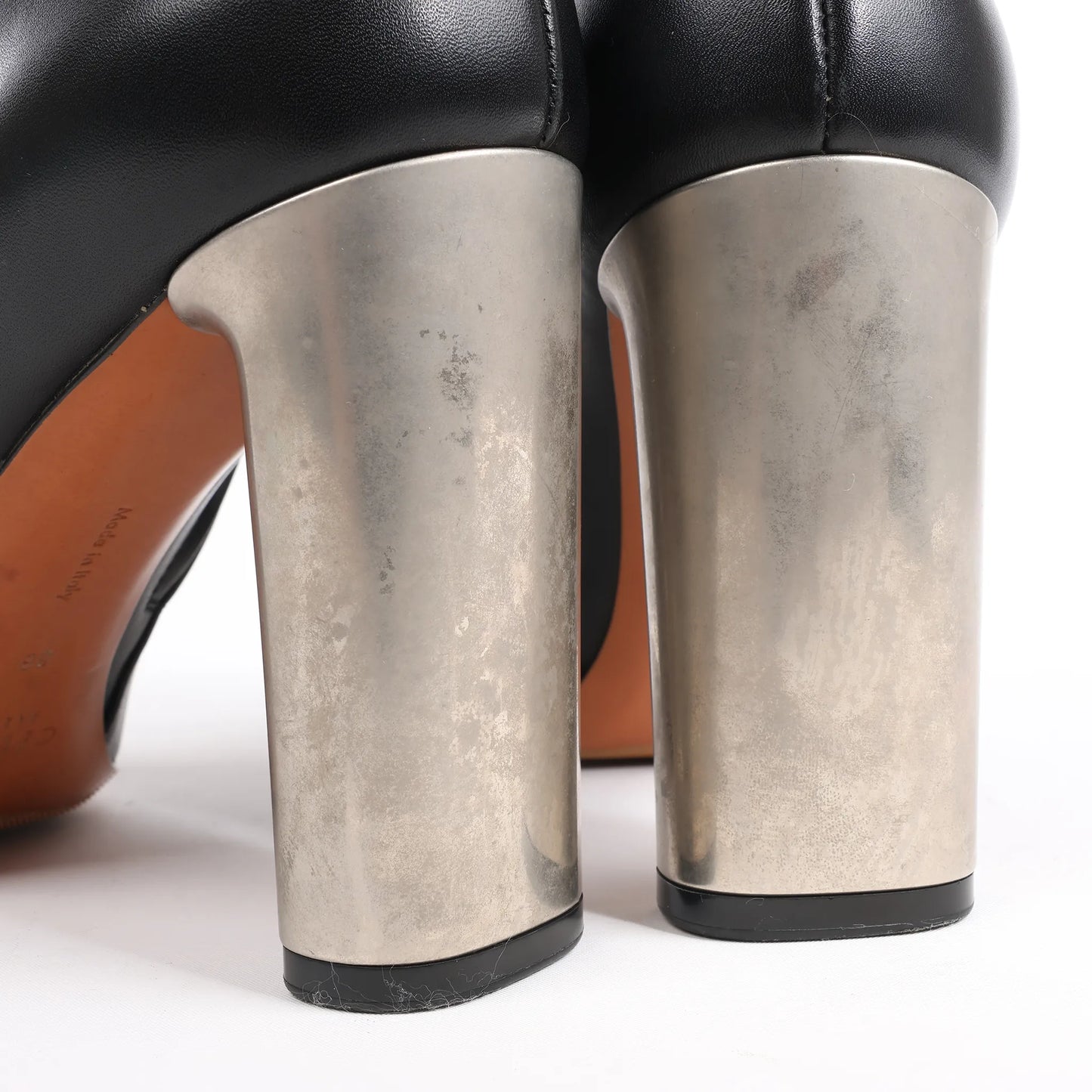 Celine Phoebe Leather x Metal Heel Ankle Boots in Black, Size 38 EU