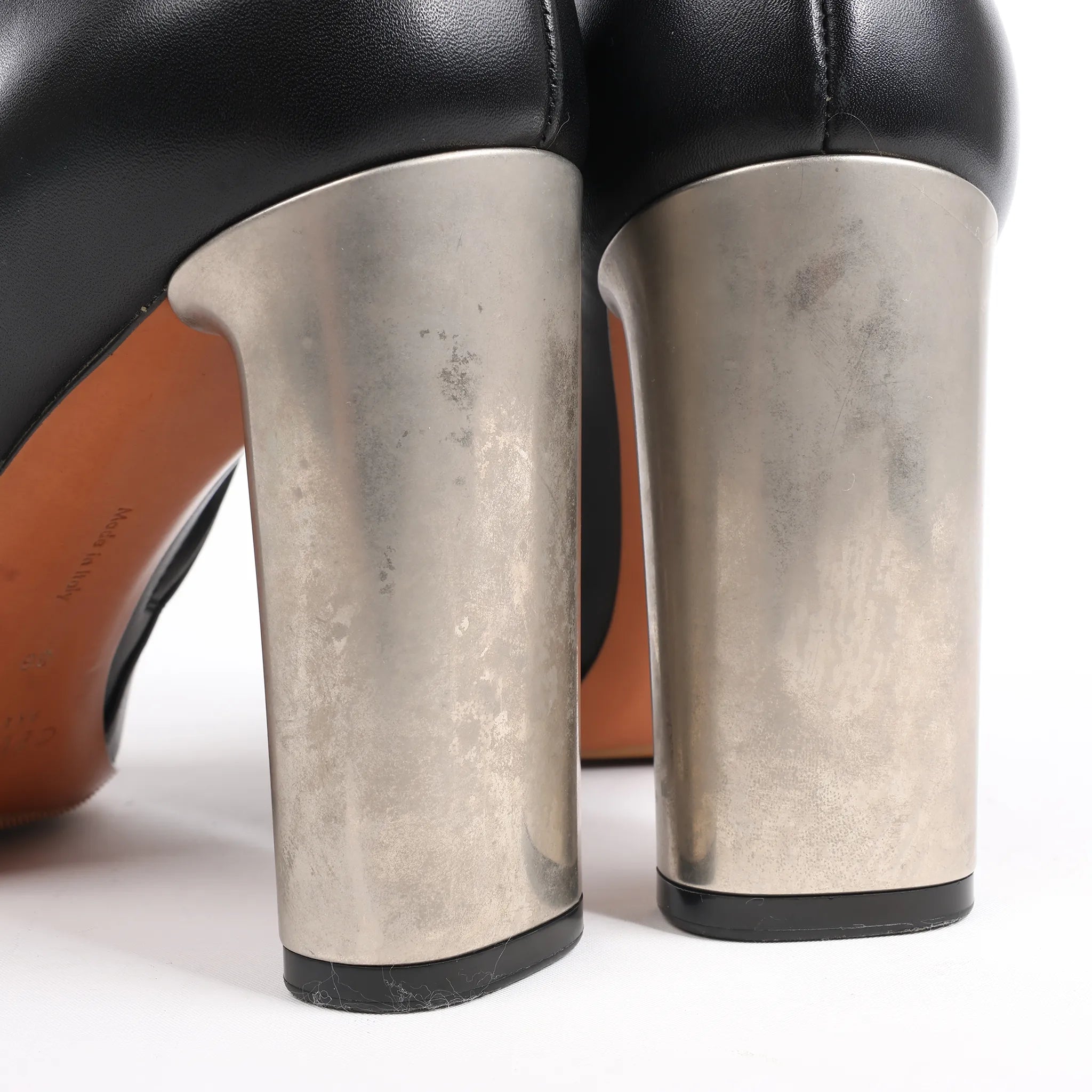 Celine Phoebe Leather x Metal Heel Ankle Boots in Black, Size 38 EU