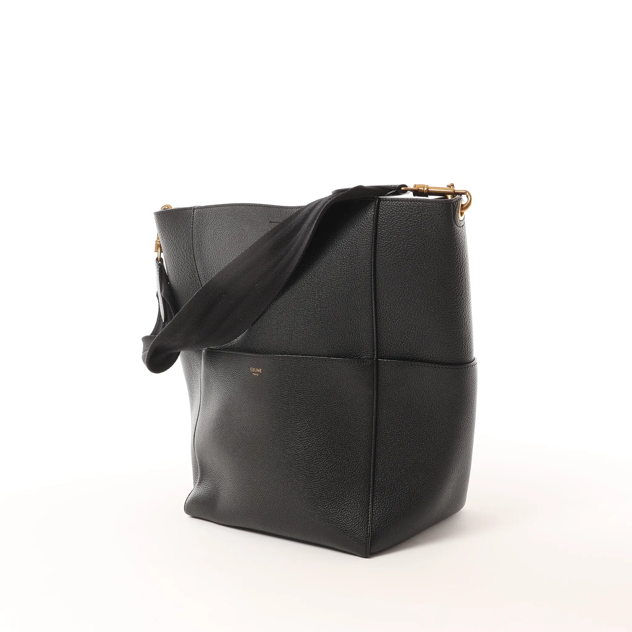 CELINE Seau Sangle Bucket Leather Shoulder Bag in Black