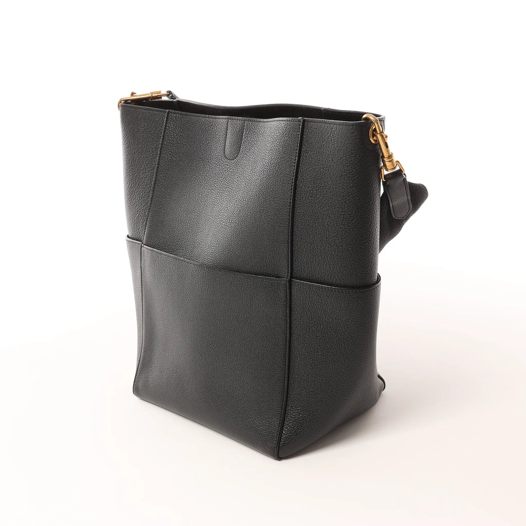 CELINE Seau Sangle Bucket Leather Shoulder Bag in Black