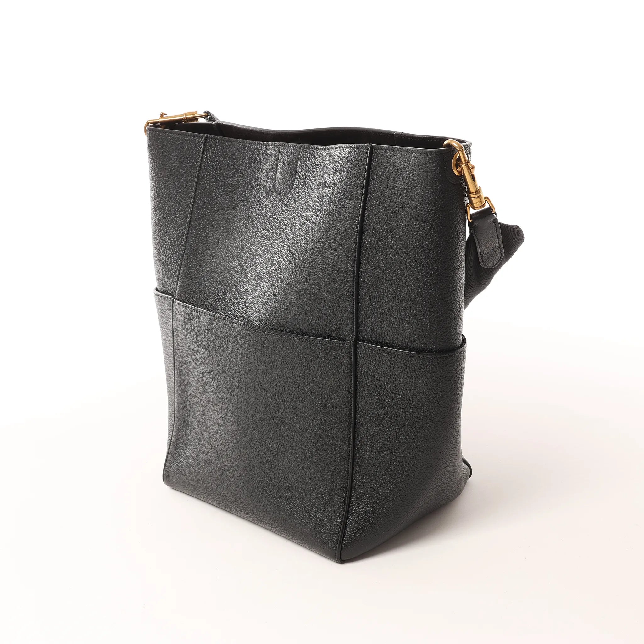 CELINE Seau Sangle Bucket Leather Shoulder Bag in Black