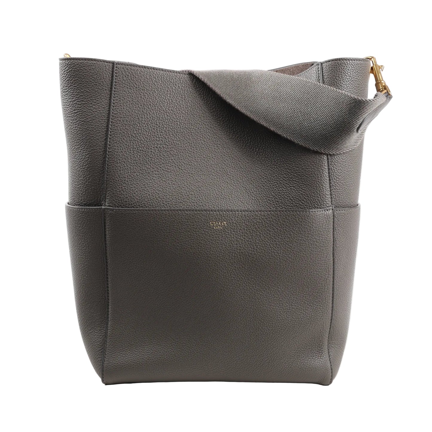 CELINE Seau Sangle Bucket Shoulder Bag in gray grained leather with a wide strap, gold-tone hardware, and subtle logo embossing, standing upright against a white background.