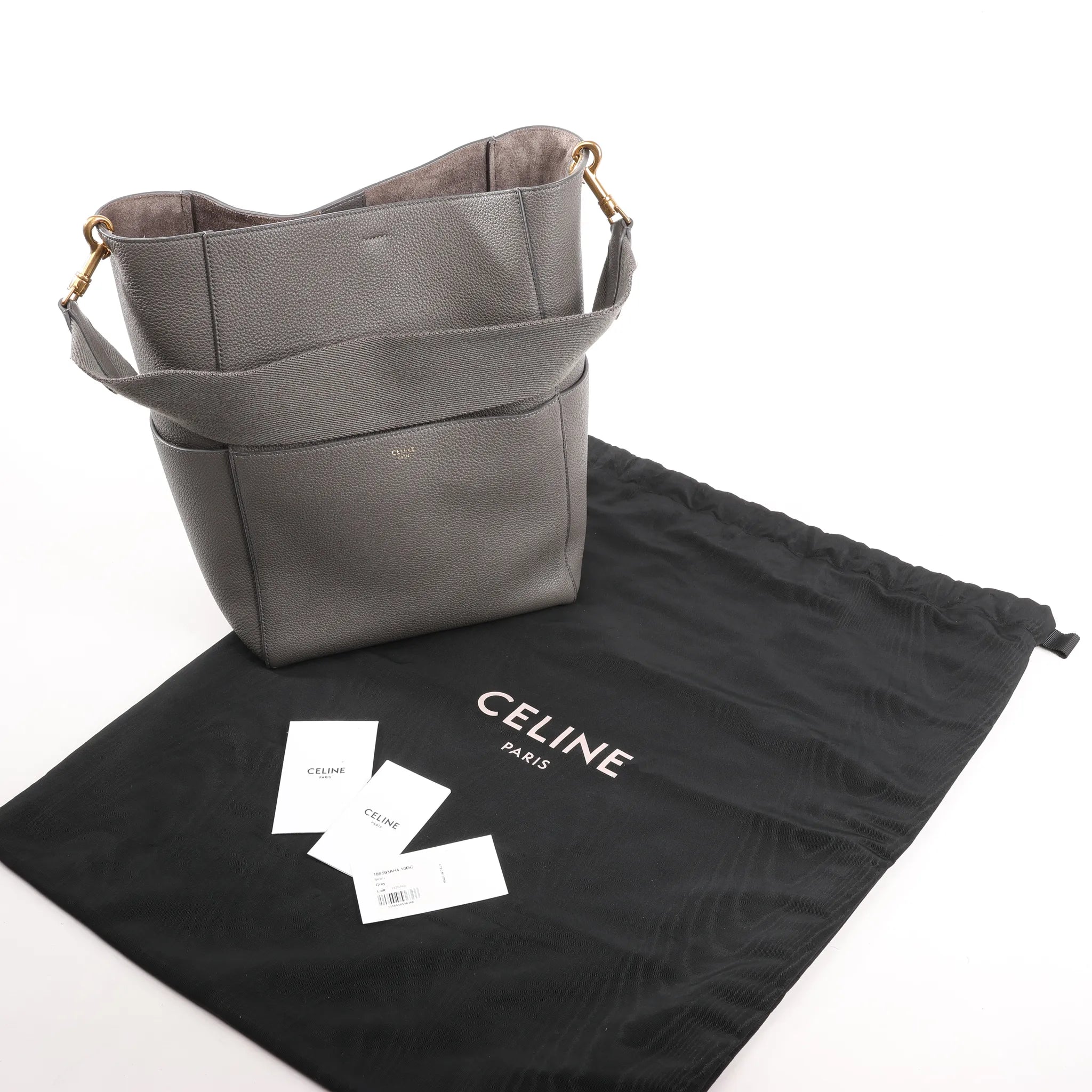 CELINE Seau Sangle Bucket Leather Shoulder Bag in Gray