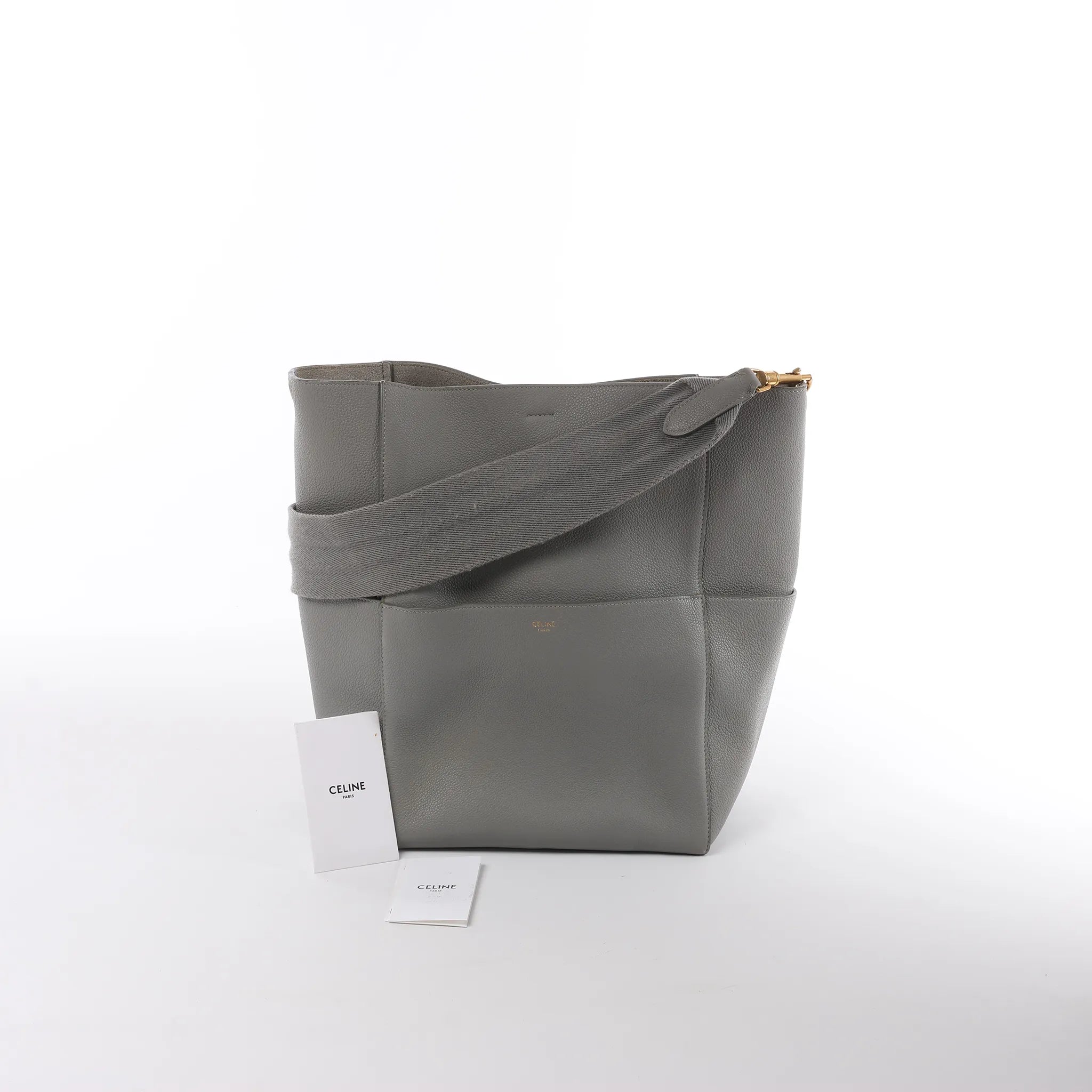 CELINE Seau Sangle Bucket Leather Shoulder Bag in Gray