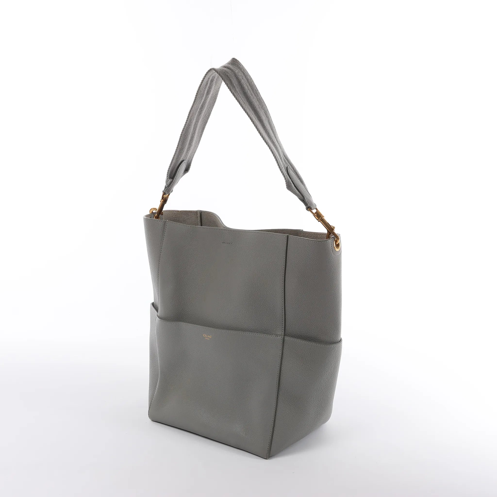 CELINE Seau Sangle Bucket Leather Shoulder Bag in Gray