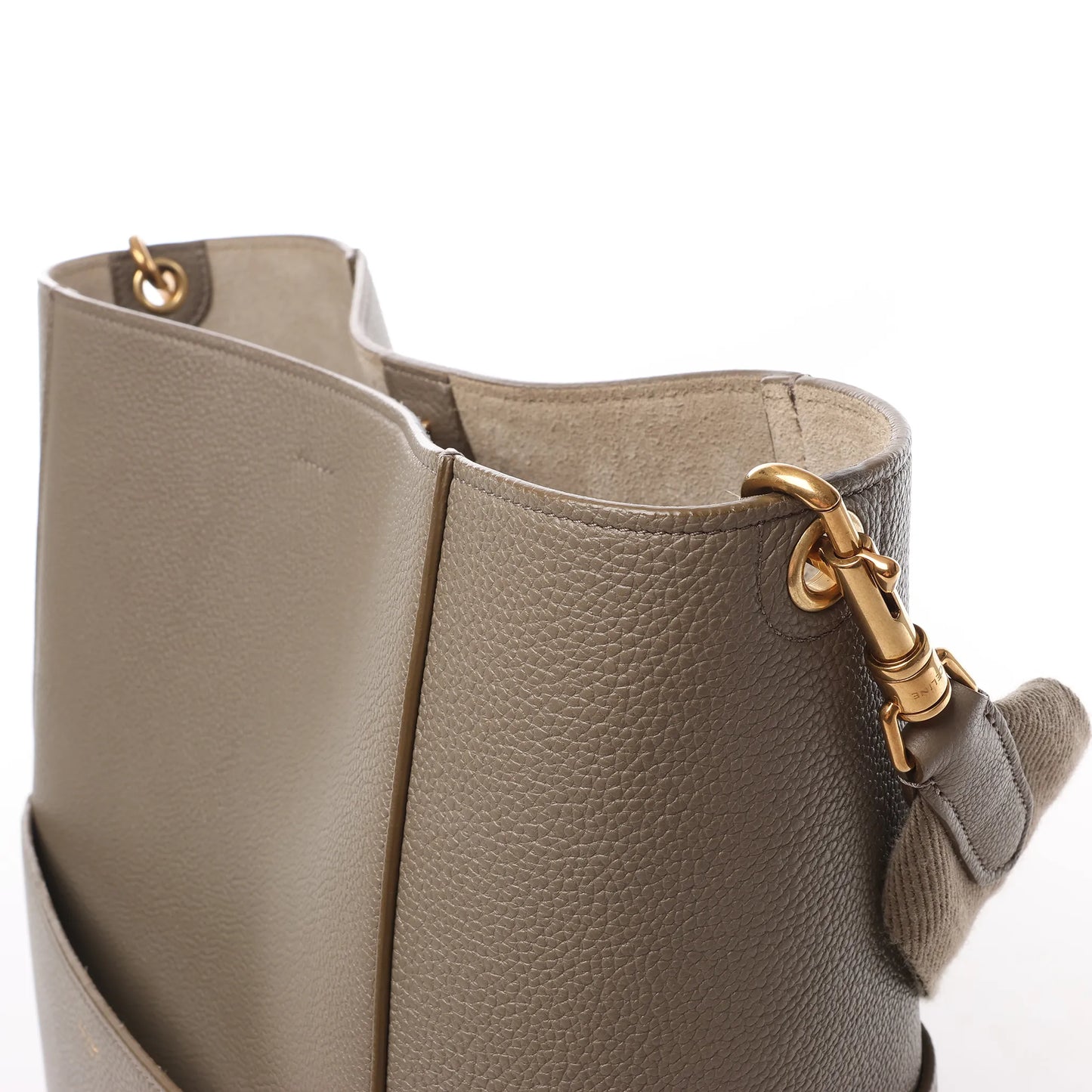 CELINE Seau Sangle Bucket Leather Shoulder Bag in Greige