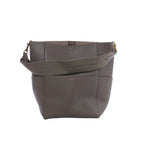 Gray Celine Sangle Bucket leather shoulder bag with pebbled texture, wide tonal textile strap and gold-tone hardware.