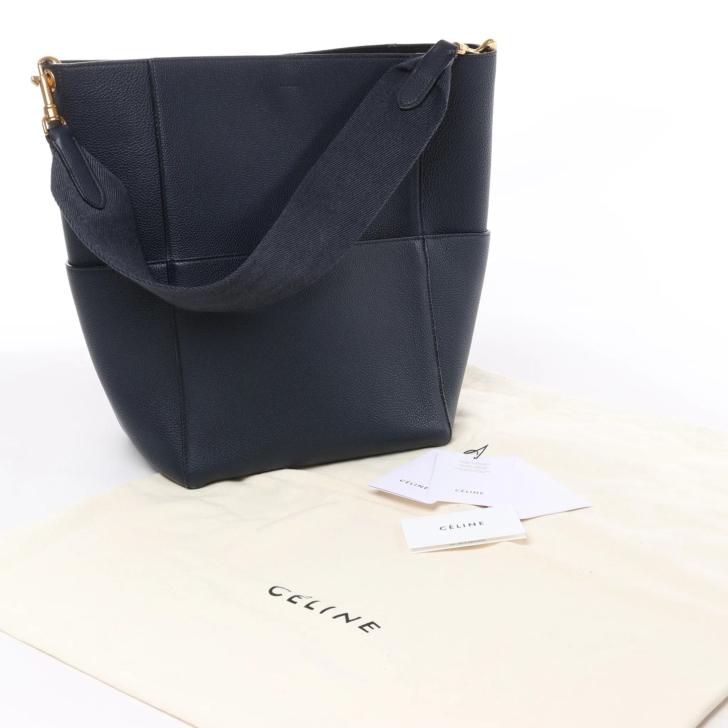 CELINE Seau Sangle Bucket Leather Shoulder Bag in Navy Blue