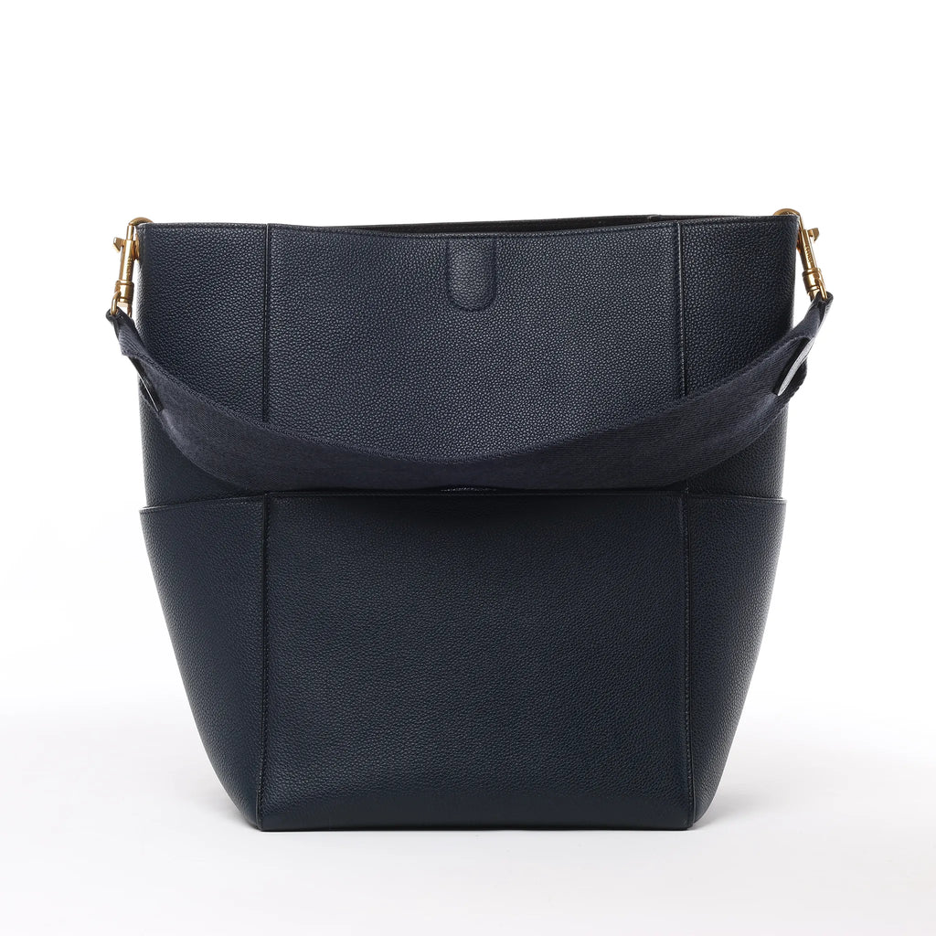 CELINE Seau Sangle Bucket Leather Shoulder Bag in Navy Blue
