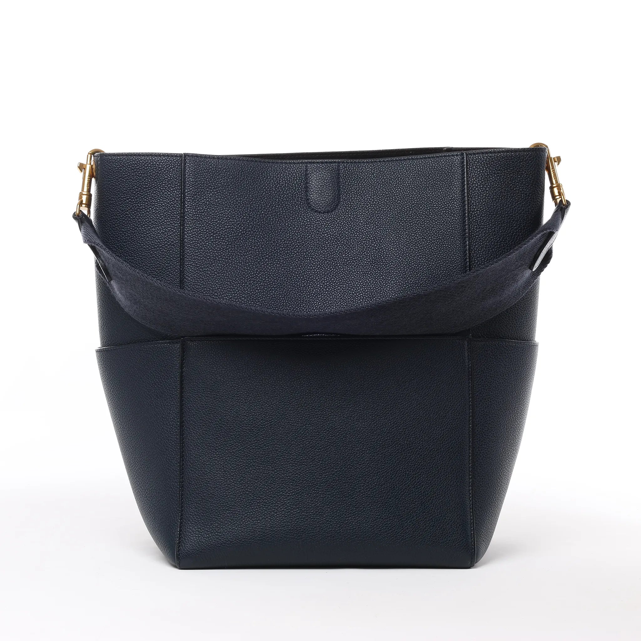 CELINE Seau Sangle Bucket Leather Shoulder Bag in Navy Blue