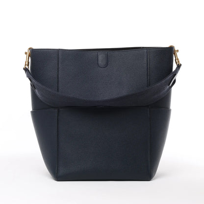CELINE Seau Sangle Bucket Leather Shoulder Bag in Navy Blue
