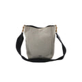 Celine Seau Sangle small beige canvas bucket bag with navy shoulder strap, gold-tone hardware, and Celine logo on white background.