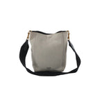 Celine Seau Sangle small beige canvas bucket bag with navy shoulder strap, gold-tone hardware, and Celine logo on white background.