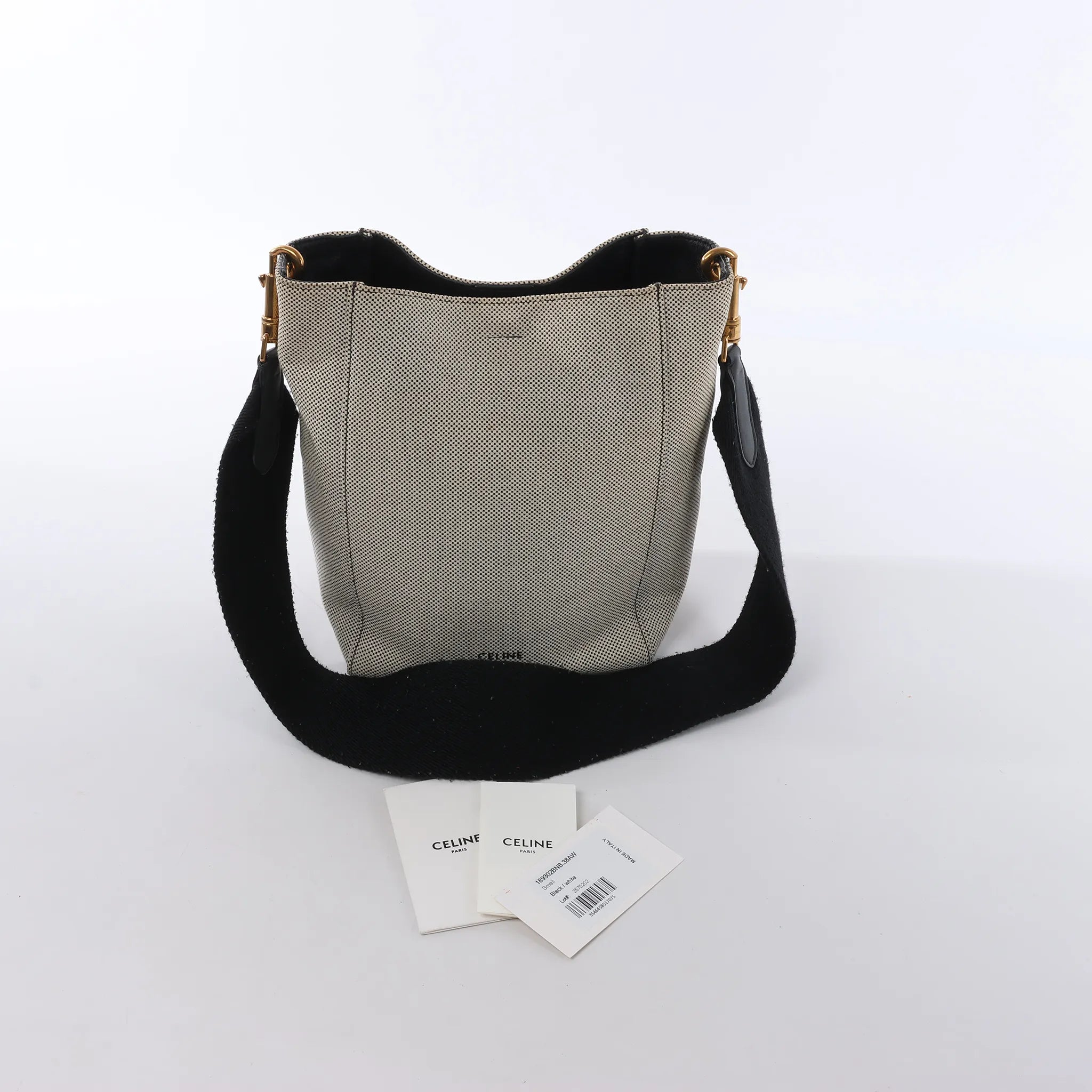 CELINE Seau Sangle Bucket Small Canvas Shoulder bag in Beige x Navy