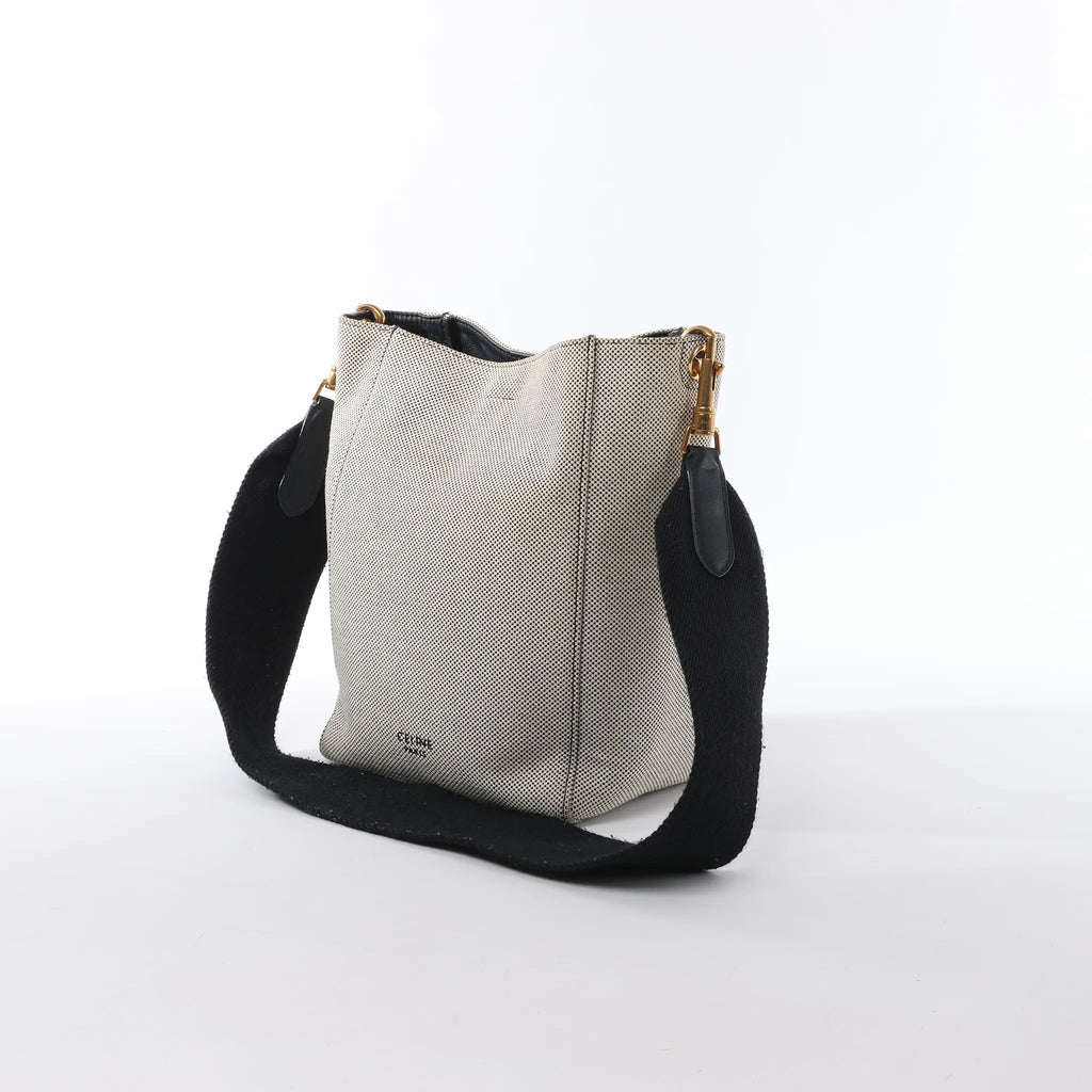 CELINE Seau Sangle Bucket Small Canvas Shoulder bag in Beige x Navy