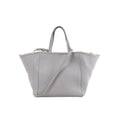 Light gray CELINE Folded Cabas tote with textured leather, double top handles, long shoulder strap, flared sides and gold-tone hardware.