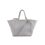 Light gray CELINE Folded Cabas tote with textured leather, double top handles, long shoulder strap, flared sides and gold-tone hardware.