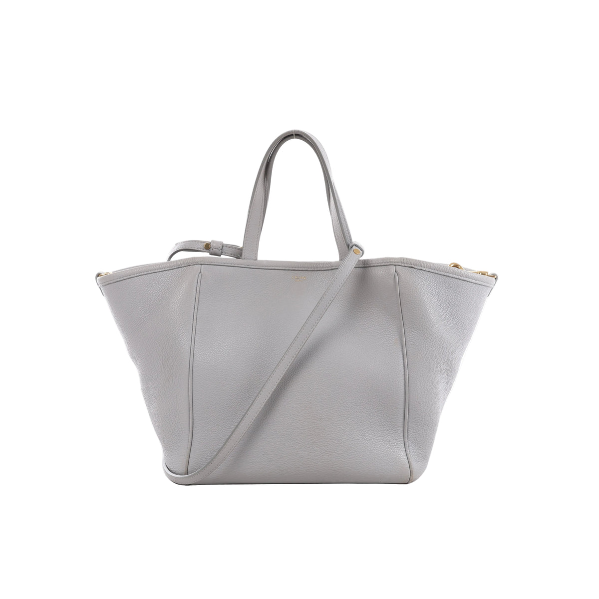 Light gray CELINE Folded Cabas tote with textured leather, double top handles, long shoulder strap, flared sides and gold-tone hardware.
