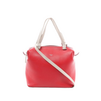 Red Celine Soft Cube Small leather handbag with beige top handles and shoulder strap, zip-top closure, and Celine Paris logo, front view on white background.