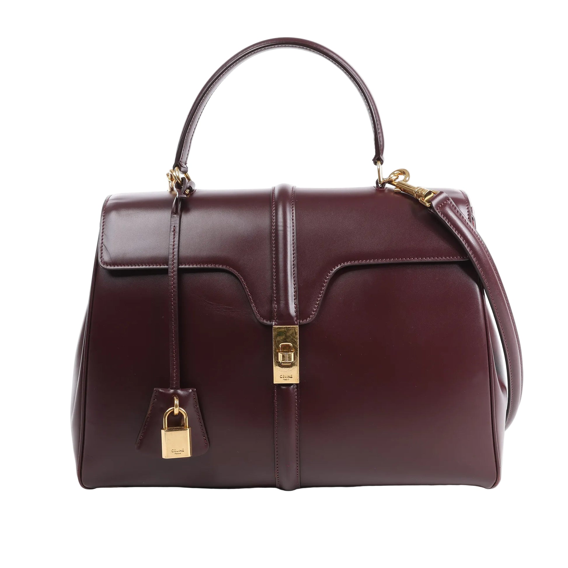 Celine Sac 16 Medium 2Way Handbag in smooth burgundy leather with gold-tone turn-lock closure, matching padlock, structured top handle, and detachable shoulder strap, displayed against a white background.