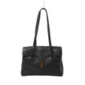 Dark gray Celine leather shoulder bag with long shoulder straps, structured flap, central leather tab and gold-tone clasp hardware.